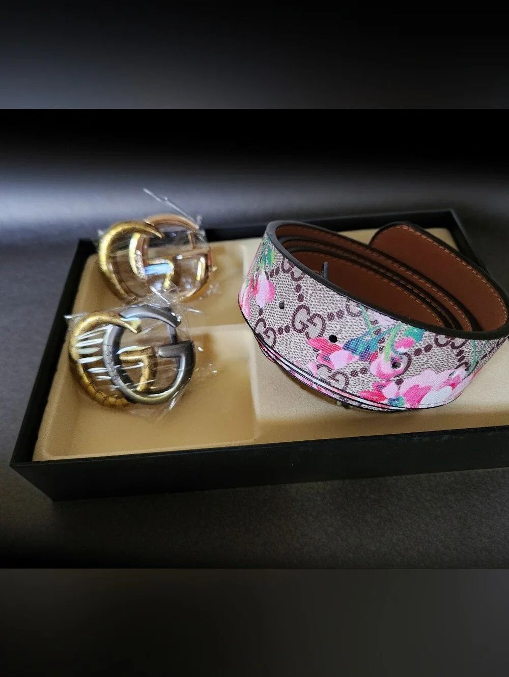 Gucci GG Canvas Belt with Pink Floral Print and Dual-Tone GG Buckles 29